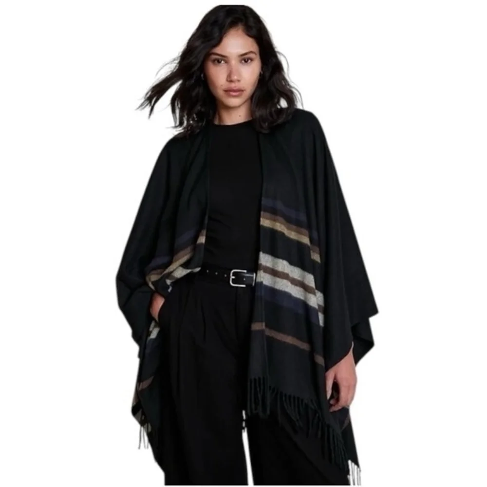Banana Republic Black Striped Wool Blend Shawl Wrap Poncho One Size Cape EXC - Picture 2 of 7